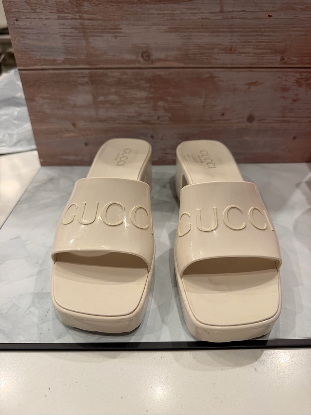 Gucci Cream Logo Slide Mules